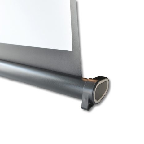 Liten filmduk för placering på bord, detalj av kassetten, från Kingpin Screens